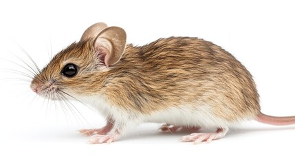 Side-profile view of a light brown Cairo spiny mouse (acomys cahirinus) isolated on a white background. The mouse is standing sideways and looking straight ahead. 