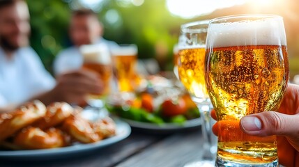 Lively Bavarian Oktoberfest with people wearing traditional lederhosen and dirndl dresses enjoying pretzels and beer steins while live bands play music and create a joyous cultural atmosphere