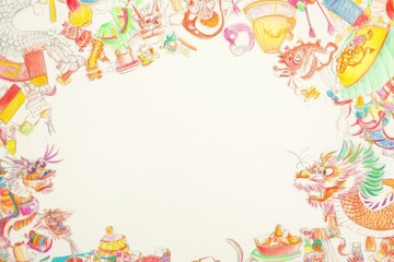 Obraz premium Whimsical Naive Children's Drawings with Colorful Dragons and Playful Creatures
