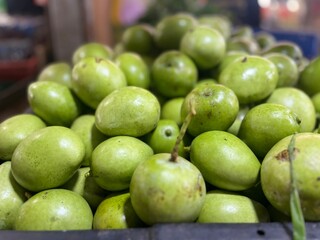 Fresh and raw vegetables the market. Fresh potatoes, bel peppers, tomatoes, zucchini, eggplant and green beans for sale at vegetable market, close up. Organic vegetables at local market.