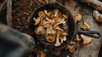 Overhead view of fresh wild mushrooms cooking in a cast iron skillet   culinary creativity unleashed