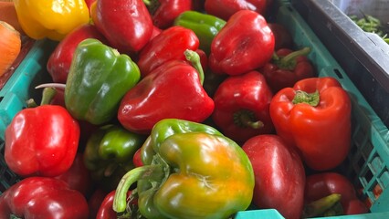 Fresh and raw vegetables the market. Fresh potatoes, bel peppers, tomatoes, zucchini, eggplant and green beans for sale at vegetable market, close up. Organic vegetables at local market.