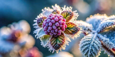 Frost-kissed blackberry blooms reveal crystal-coated petals, highlighting nature&acirc;&euro;&trade;s enchanting winter beauty. Each delicate ice crystal enhances the charms of these stunning, icy blossoms.
