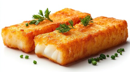 Golden crispy fried fish fingers are isolated on a white background in close-up.