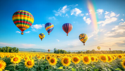 Fototapeta premium Dozens of colorful hot air balloons float above rolling sunflower fields under a bright blue sky, with a rainbow stretching across the horizon and the balloons' reflections shimmering in a nearby lake