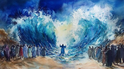 A watercolor painting of Moses parting the Red Sea, with deep blue and turquoise shades capturing the dramatic moment as the waters rise.