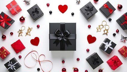 A chic black gift box tied with a matching black ribbon, placed on a dark surface. A sophisticated and elegant look for premium gifts or high-end product shots.