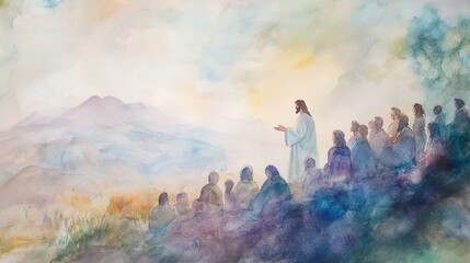A watercolor scene of the Sermon on the Mount, with soft pastel colors blending into the background, emphasizing Jesus gentle teaching presence.