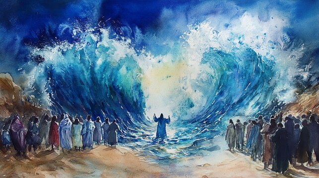 A watercolor painting of Moses parting the Red Sea, with deep blue and turquoise shades capturing the dramatic moment as the waters rise.
