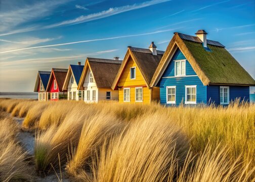 Heiligenhafen boasts vibrant, minimalist cottages with reet roofs by the Baltic Sea, creating a picturesque beach retreat perfect for relaxation and coastal adventures.
