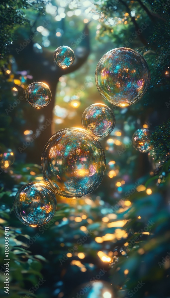 Canvas Prints Magical soap bubbles floating in a sun-drenched forest with a blurry background.