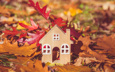 The symbol of the house stands among the fallen autumn leaves
