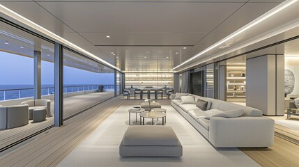 Fototapeta premium Modern Yacht Interior with Sea View and Grey Sofa