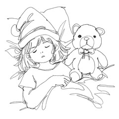 An imaginary illustration of little girl wearing a Santa hat sleeping with a teddy bear, contour drawing for graphic design.