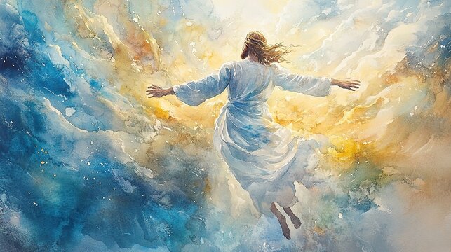 Jesus rising into the heavens, painted in soft, flowing watercolor shades of blue and gold, capturing the divine moment of His resurrection.