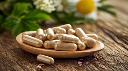 A wooden spoon overflowing with herbal capsules