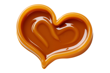 Caramel sauce in the shape of a heart isolated on a transparent background.