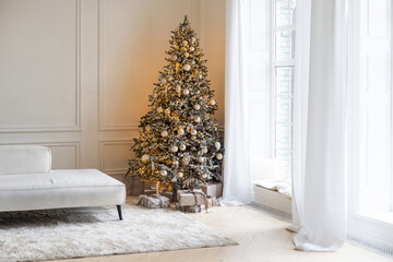 festively decorated home interior with Christmas tree