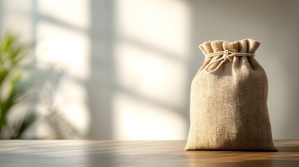 Sustainable coffee bag made of jute, eco-conscious branding, placed on a rustic table in a sunlit cafe, soft shadows, isolated on white background