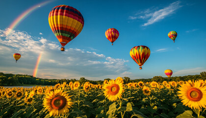 Naklejka premium Dozens of colorful hot air balloons float above rolling sunflower fields under a bright blue sky, with a rainbow stretching across the horizon and the balloons' reflections shimmering in a nearby lake