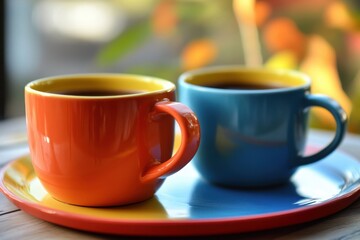 Fototapeta premium Two vibrant cups sitting on dishes, one with tea and the other filled with java
