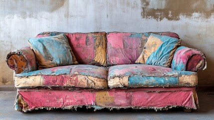 Worn and Torn Colorful Couch in a Rustic Setting
