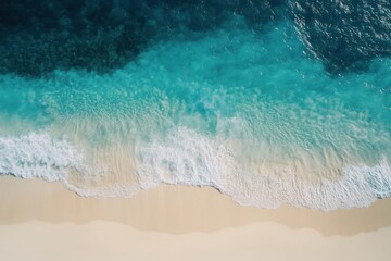 Scenic overhead perspective of untouched beachfront with sea surf, perfect setting for summer vacations and marketing material featuring space for text or product display