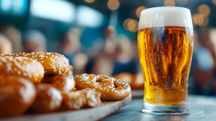 Sausage platters pretzels and beer steins take center stage on a long table in an Oktoberfest tent surrounded by the lively atmosphere of dancing and singing crowds
