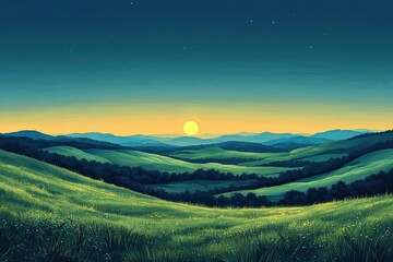 Fototapeta premium A bright blue sky serves as the backdrop for an illustration of green fields and rolling hills at dawn.