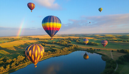 Fototapeta premium Dozens of colorful hot air balloons float above rolling sunflower fields under a bright blue sky, with a rainbow stretching across the horizon and the balloons' reflections shimmering in a nearby lake