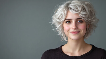 Confident Female Model Smiling in Stylish Wig