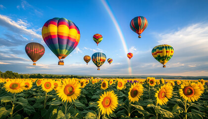 Fototapeta premium Dozens of colorful hot air balloons float above rolling sunflower fields under a bright blue sky, with a rainbow stretching across the horizon and the balloons' reflections shimmering in a nearby lake