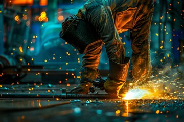 Welder at Work, Welding of Metal Parts at Industrial Plant, Industrial Worker Using Angle Grinder