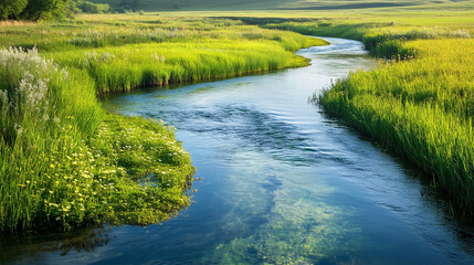 A river with green grass on the banks