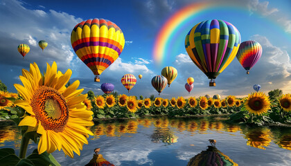 Fototapeta premium Dozens of colorful hot air balloons float above rolling sunflower fields under a bright blue sky, with a rainbow stretching across the horizon and the balloons' reflections shimmering in a nearby lake