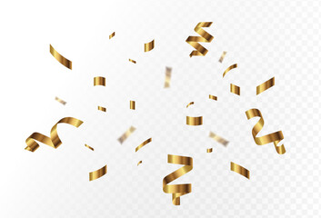 Gold confetti and ribbon streamers falling on a transparent background. blurred. Big and small,abstract frame,Vector. eps 10	