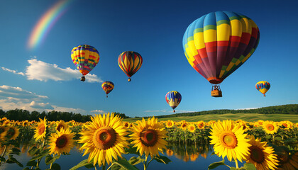 Fototapeta premium Dozens of colorful hot air balloons float above rolling sunflower fields under a bright blue sky, with a rainbow stretching across the horizon and the balloons' reflections shimmering in a nearby lake
