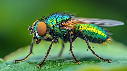 A close-up of a green fly perched on a leaf with a blurred nature background.