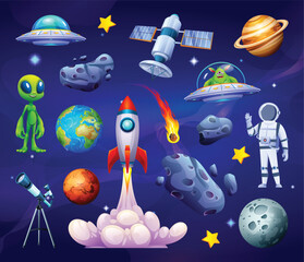 Set of space elements with alien, planets, asteroids, and space rockets in a cosmic scene. Vector cartoon illustration