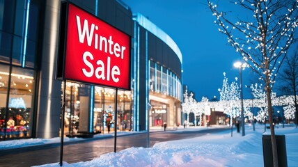 Vibrant Winter Sale signs adorn a modern outdoor mall blanketed in snow, creating a festive shopping atmosphere.