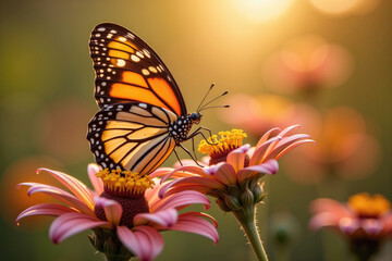 Obraz premium Monarch butterfly is standing on a pink flower, drinking nectar