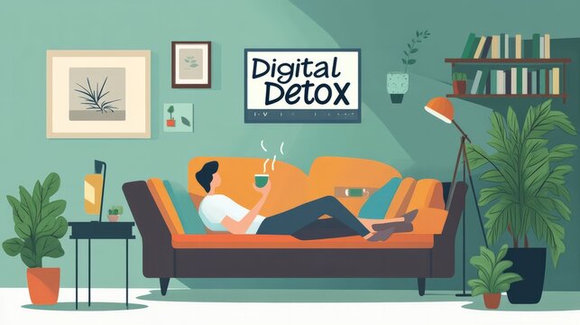 A cozy living room with a person relaxing on a sofa, sipping herbal tea, and a digital clock displaying Digital Detox on the wall, emphasizing a technology-free zone. 