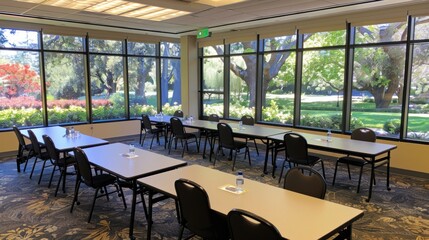 Fototapeta premium Empty conference room with large windows overlooking a lush green lawn