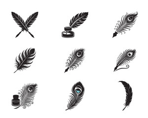 Obraz premium Collection of Feather silhouette Design - Bird Feather Vector illustration in black and white