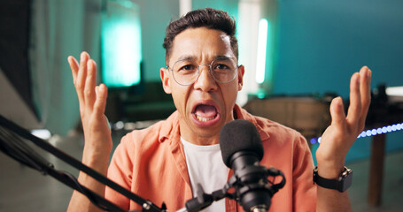 Face, man and radio presenter with microphone for live broadcast, talk show and entertainment. Male...