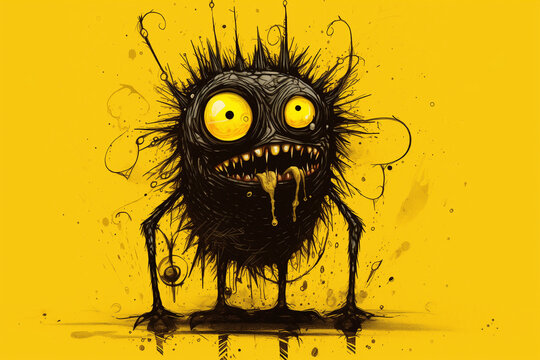Furry black cartoon monster drooling on a yellow background