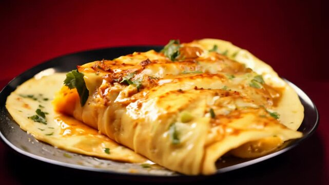 Camera films a 360-degree rotation of chicken enchiladas on a plate with a deep red background, hard light, establishing scene