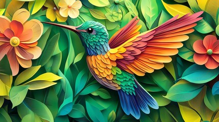 Fototapeta premium Colorful paper cut hummingbird pattern with layered wings and floral elements, perfect for a lively nature scene, paper cut hummingbird, colorful wildlife pattern