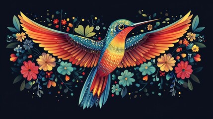 Obraz premium Colorful paper cut hummingbird pattern with layered wings and floral elements, perfect for a lively nature scene, paper cut hummingbird, colorful wildlife pattern