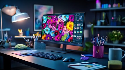 Naklejka premium Modern creative workspace with computer, colorful floral wallpaper, office supplies, and decorative shelves in a dark background.